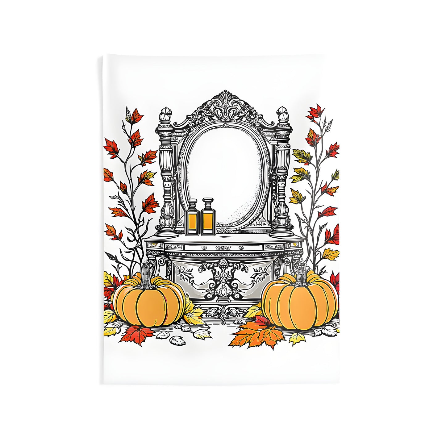 Colorful graphic wall tapestry featuring pumpkins, gourds, autumn leaves, fall foliage, and ornate mirrors in a seasonal display
