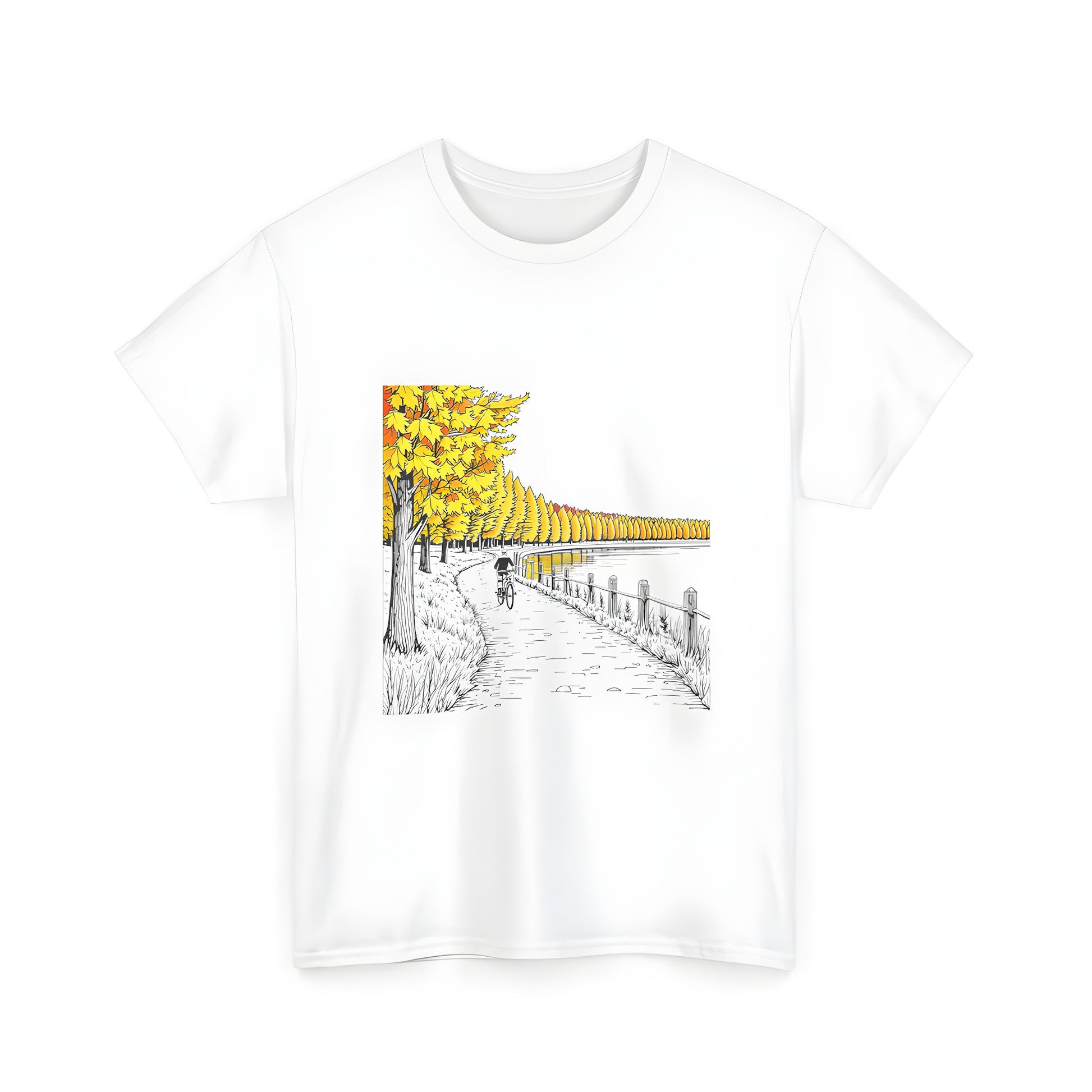 Unisex T-shirt featuring a colorful graphic design of a scenic path lined with autumn leaves and trees, perfect for cycling
