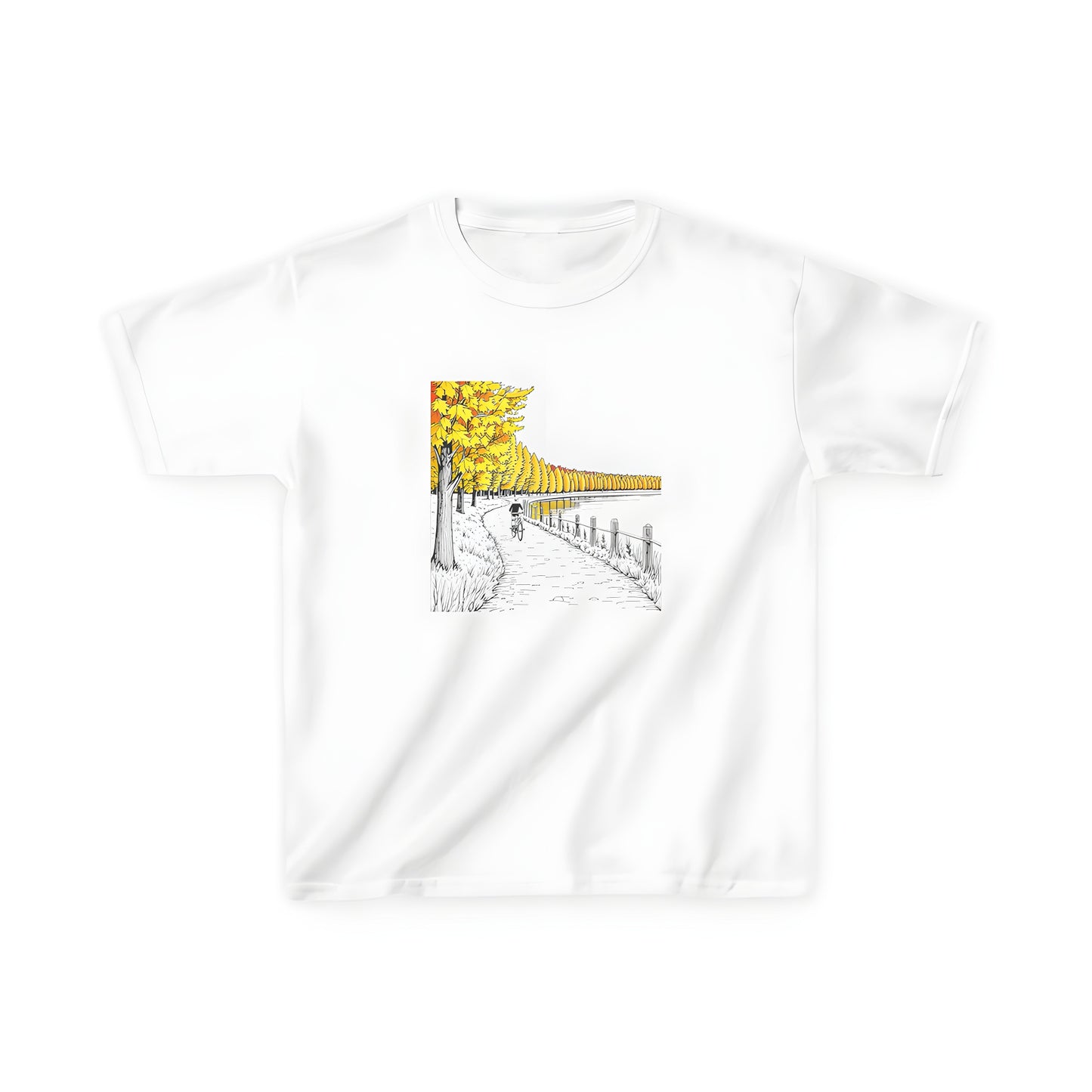 Cozy Kid's Graphic T-Shirt featuring a serene cycling path amidst autumnal trees and a peaceful lake