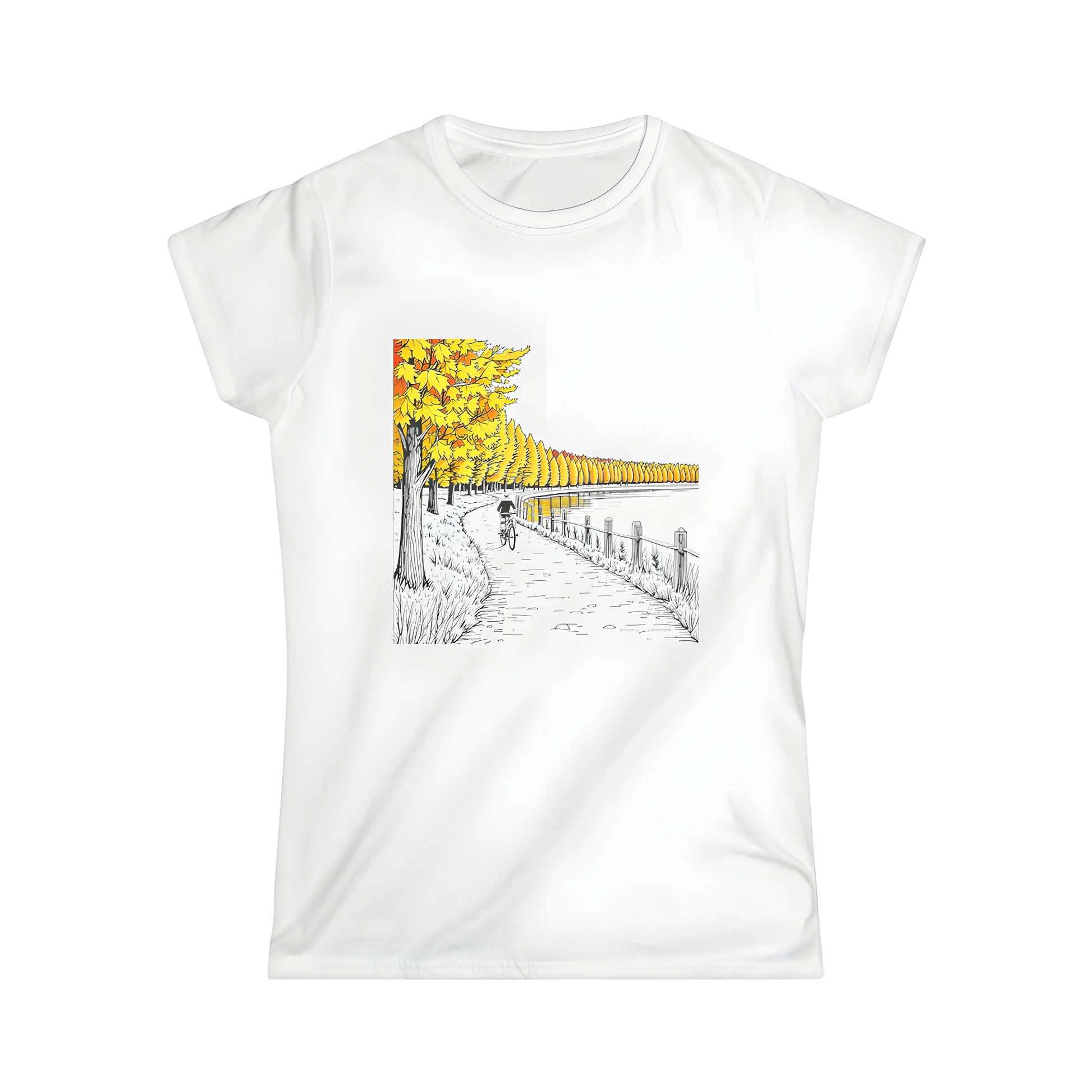 Women's colorful graphic t-shirt featuring a scenic cycling path through autumn leaves and trees beside a serene lake