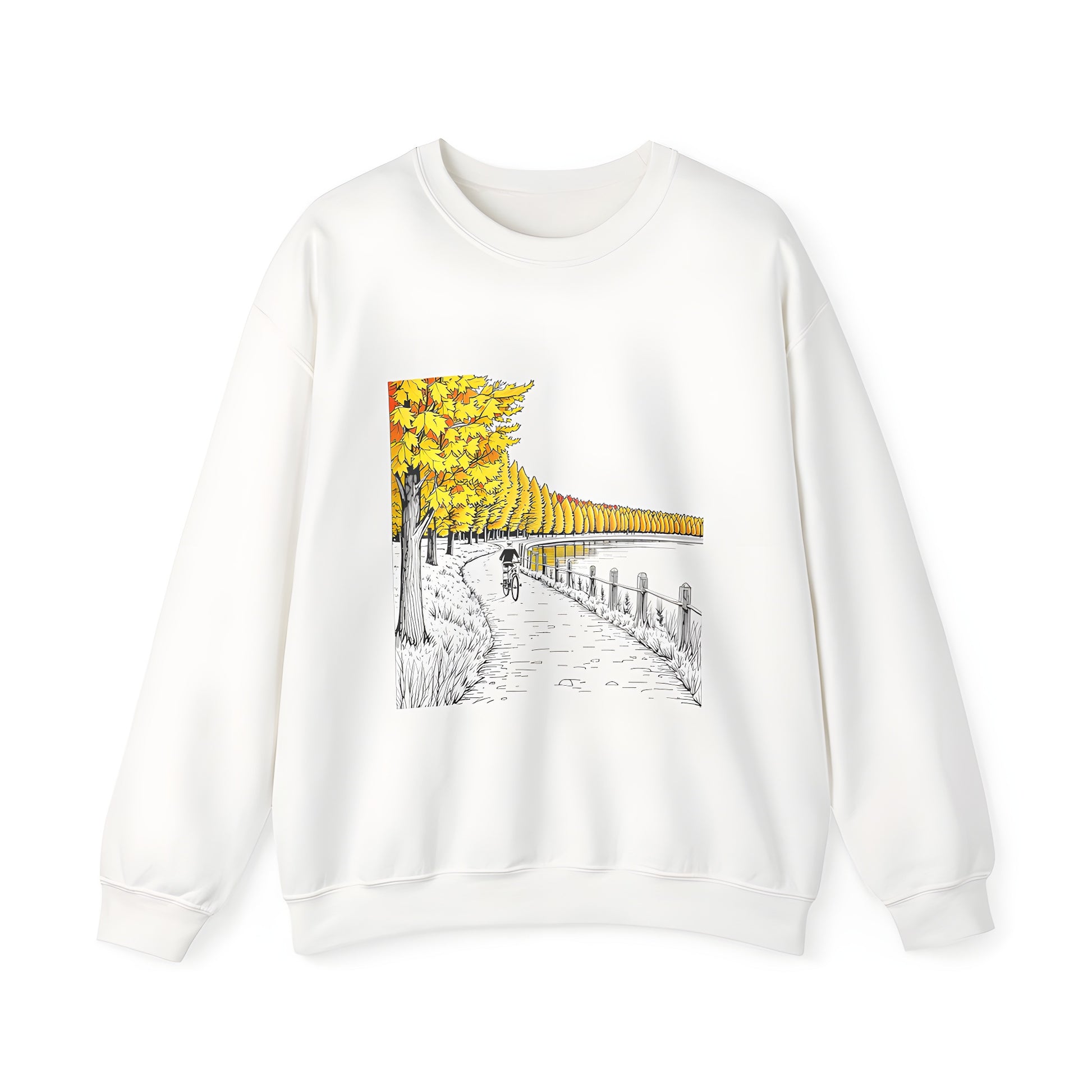 Adult sweatshirt featuring a colorful graphic design of a serene autumnal landscape with cycling path and tranquil lake