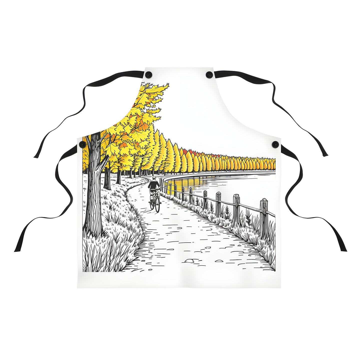 Vibrant apron featuring scenic cycling route on a serene autumn trail