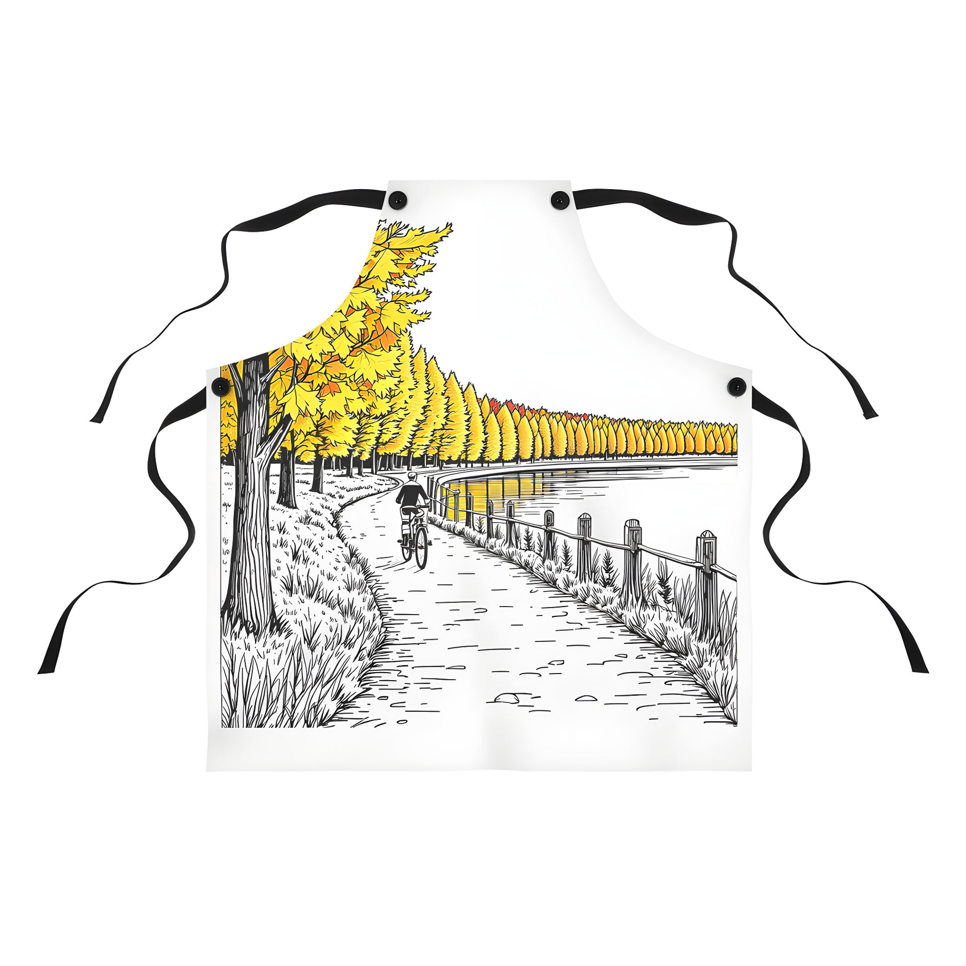 Vibrant apron featuring scenic cycling route on a serene autumn trail