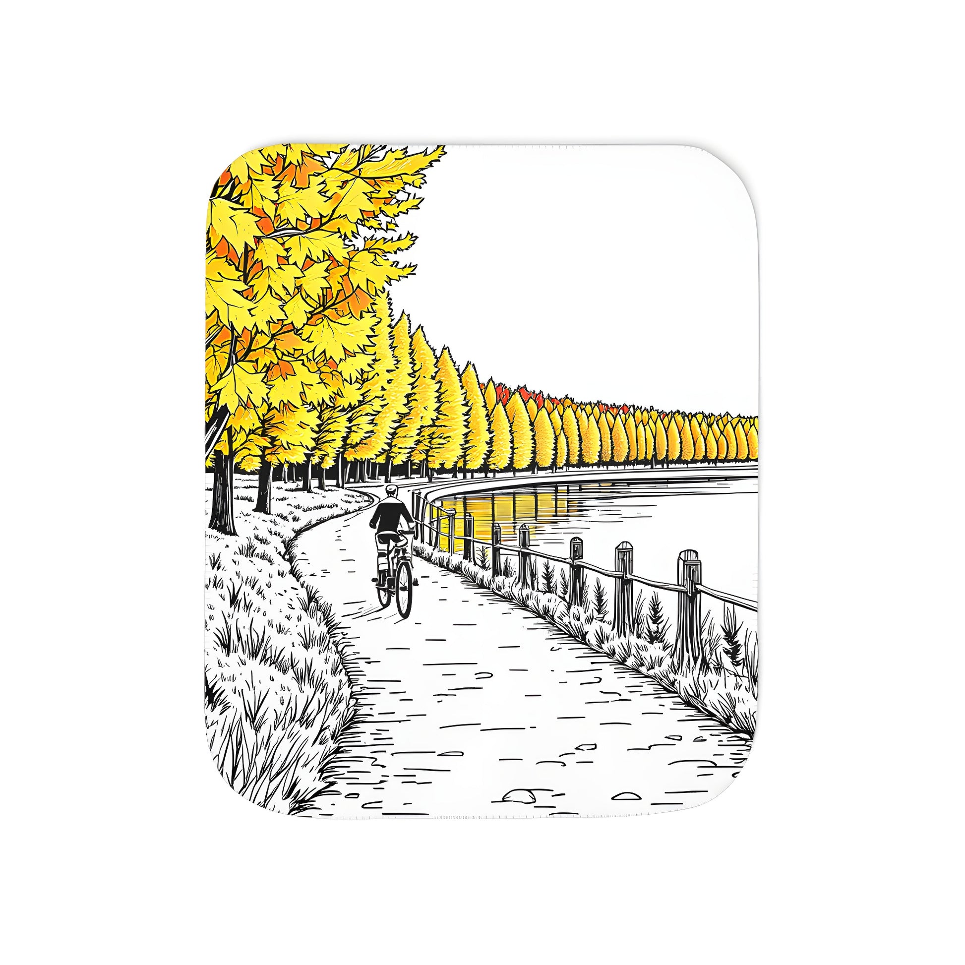 Cozy colorful blanket featuring a scenic cycling route through autumn leaves and trees alongside a serene lake.