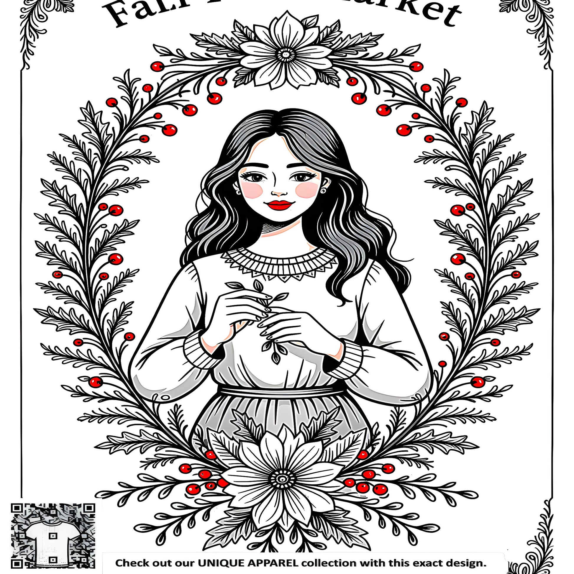 Colorful graphic design of a girl holding a branch surrounded by autumn flowers, Autumnal portrait illustration, Fall Portrait art