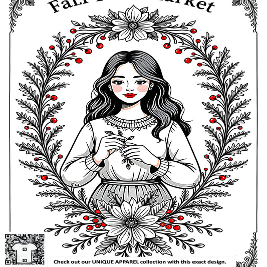 Colorful graphic design of a girl holding a branch surrounded by autumn flowers, Autumnal portrait illustration, Fall Portrait art