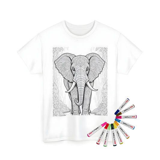 Unisex t-shirt with intricate elephant illustration and jungle foliage coloring kit