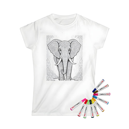 Women's T-shirt featuring a vibrant and intricate elephant design amidst jungle foliage, great for coloring and decoration.