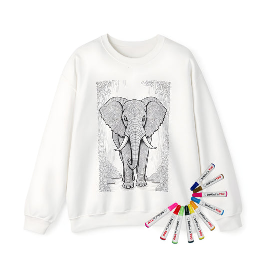 Adult sweatshirt with detailed elephant design and jungle foliage pattern
