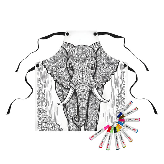 Decorative elephant apron for adults and kids, colorful jungle scene on fabric