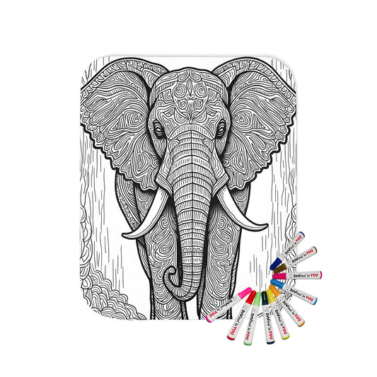 Blanket with vibrant decorative elephant design and intricate patterns against jungle foliage