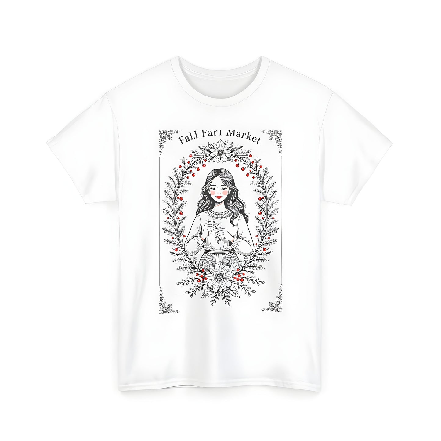 Unisex T-shirt with colorful graphic design featuring girl holding branch amidst autumn floral motifs