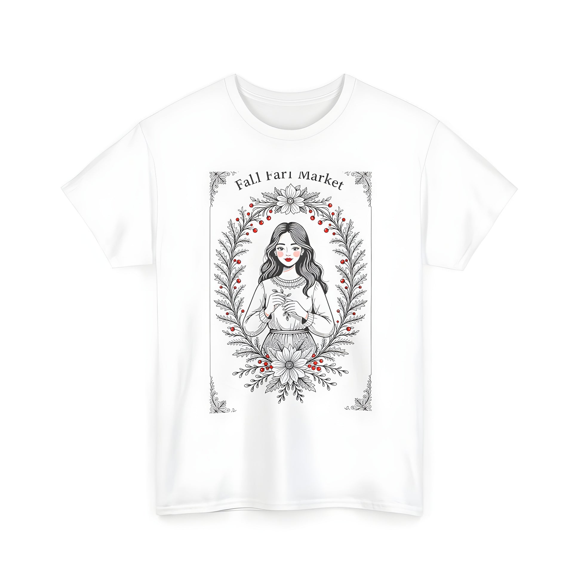 Unisex T-shirt with colorful graphic design featuring girl holding branch amidst autumn floral motifs