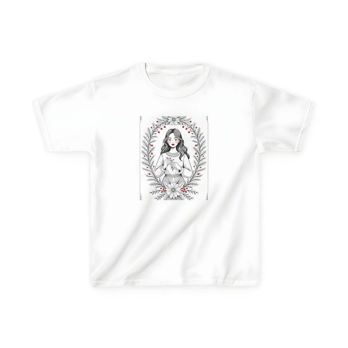 Kid's Colorful Graphic Design T-Shirt with Autumn Theme and Girl Holding Branch