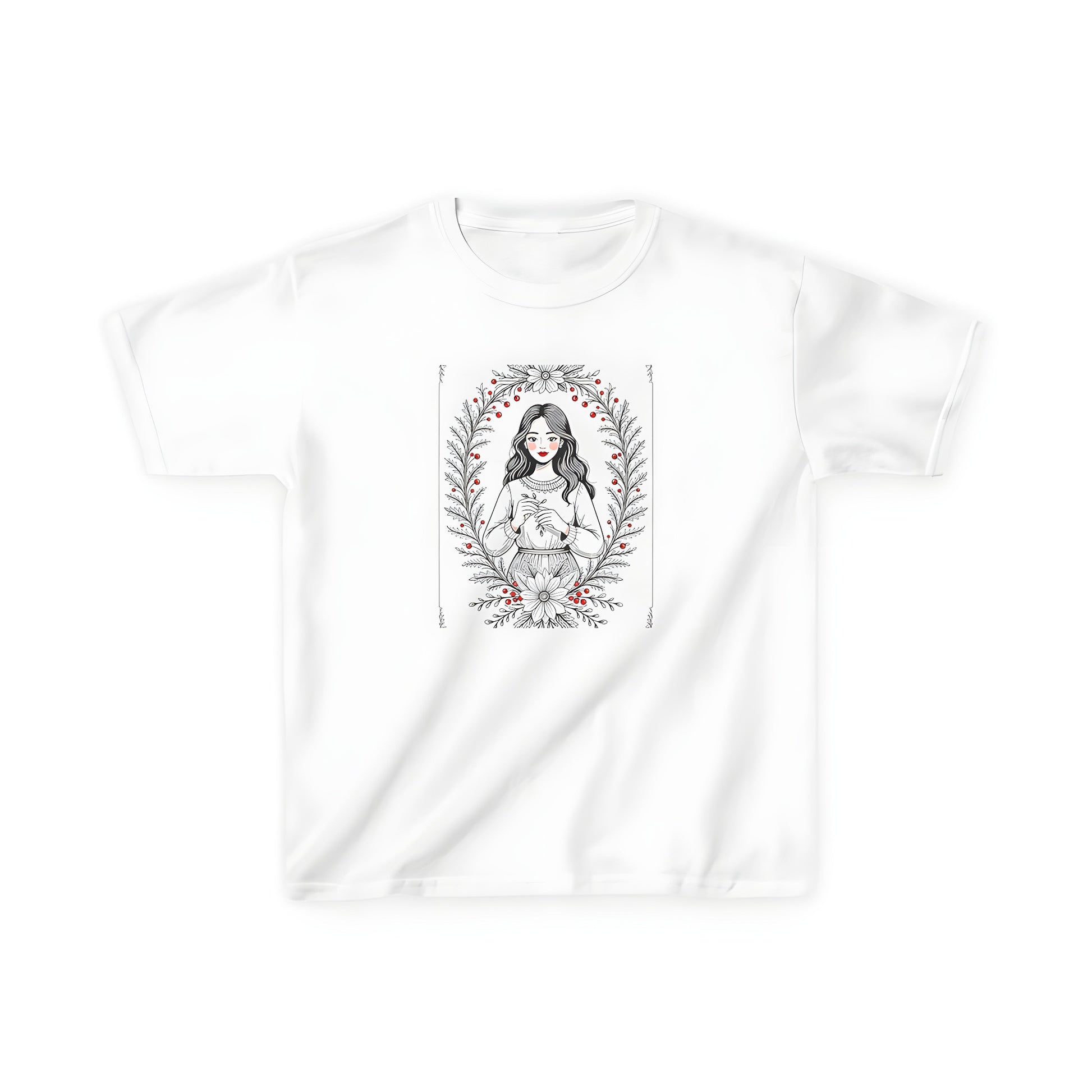 Kid's Colorful Graphic Design T-Shirt with Autumn Theme and Girl Holding Branch