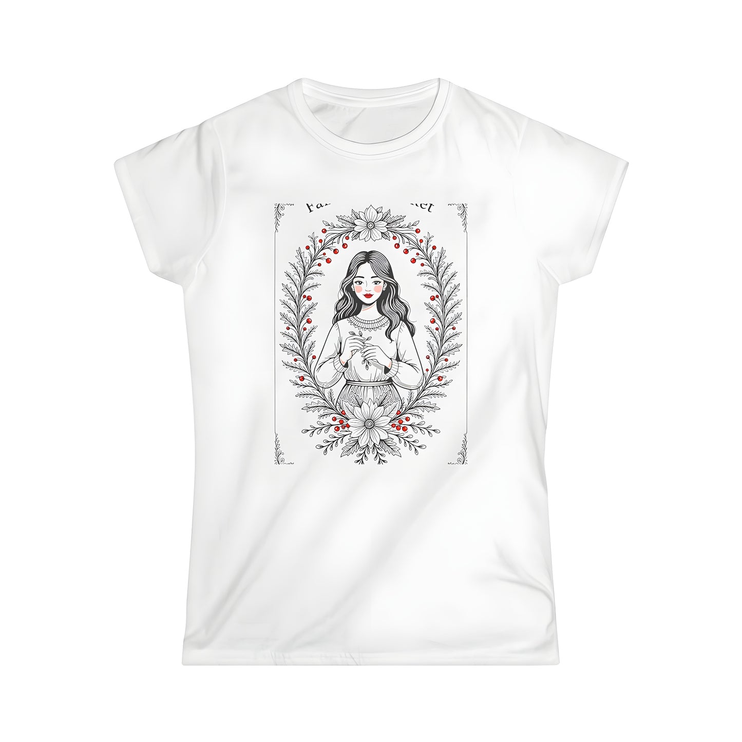 Colorful Women's Graphic T-Shirt featuring a Fall Portrait design of a girl surrounded by autumn-themed floral motifs.