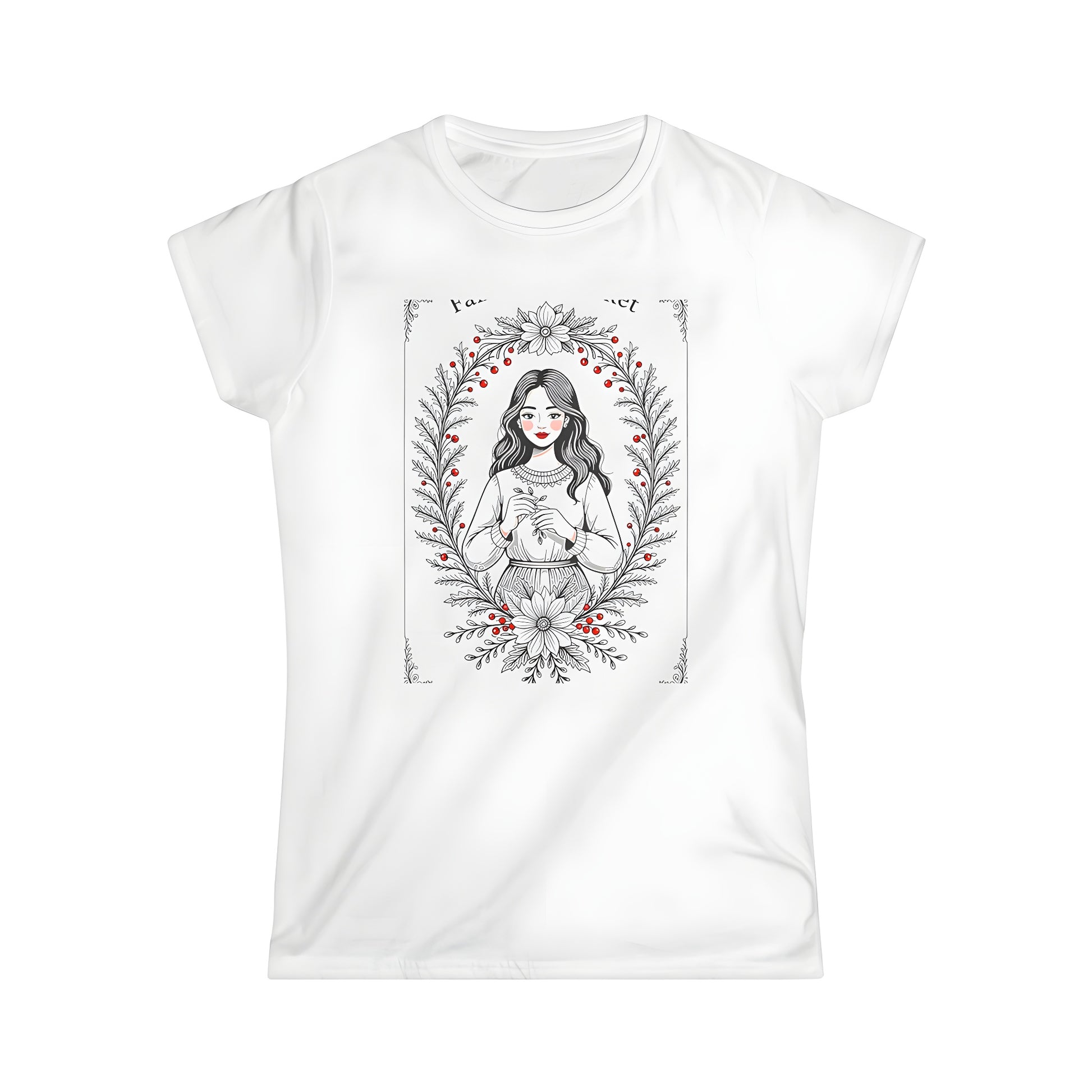 Colorful Women's Graphic T-Shirt featuring a Fall Portrait design of a girl surrounded by autumn-themed floral motifs.