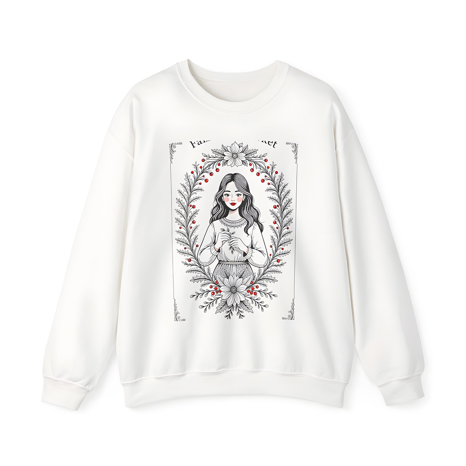 Adult fall sweatshirt with colorful graphic illustration of girl holding branch amidst autumnal floral motifs