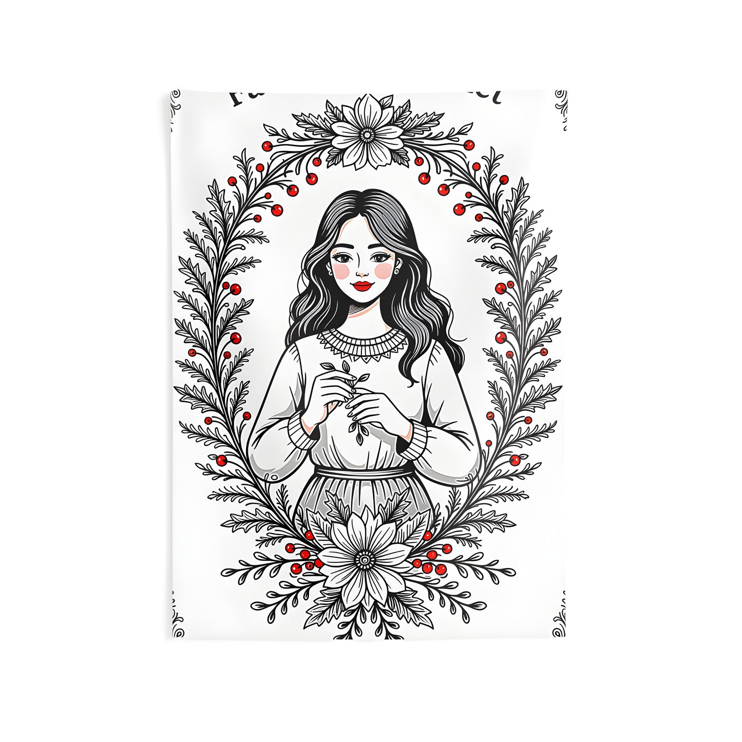 Indoor wall tapestry with colorful graphic design featuring a girl holding a branch amidst autumn flowers, perfect for home decor