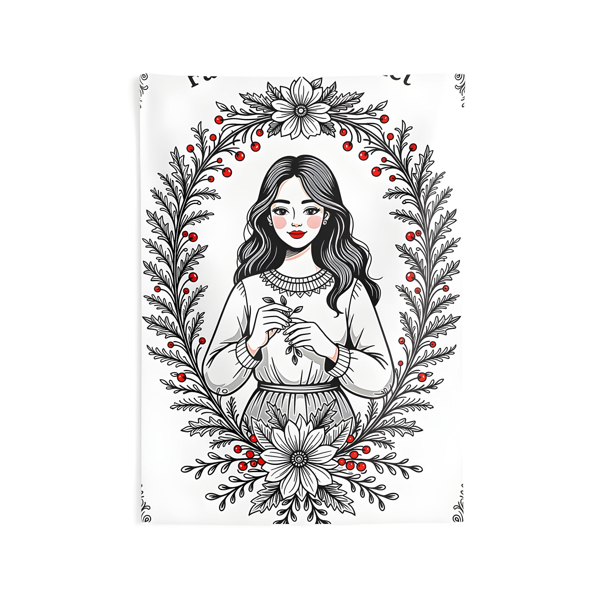Indoor wall tapestry with colorful graphic design featuring a girl holding a branch amidst autumn flowers, perfect for home decor