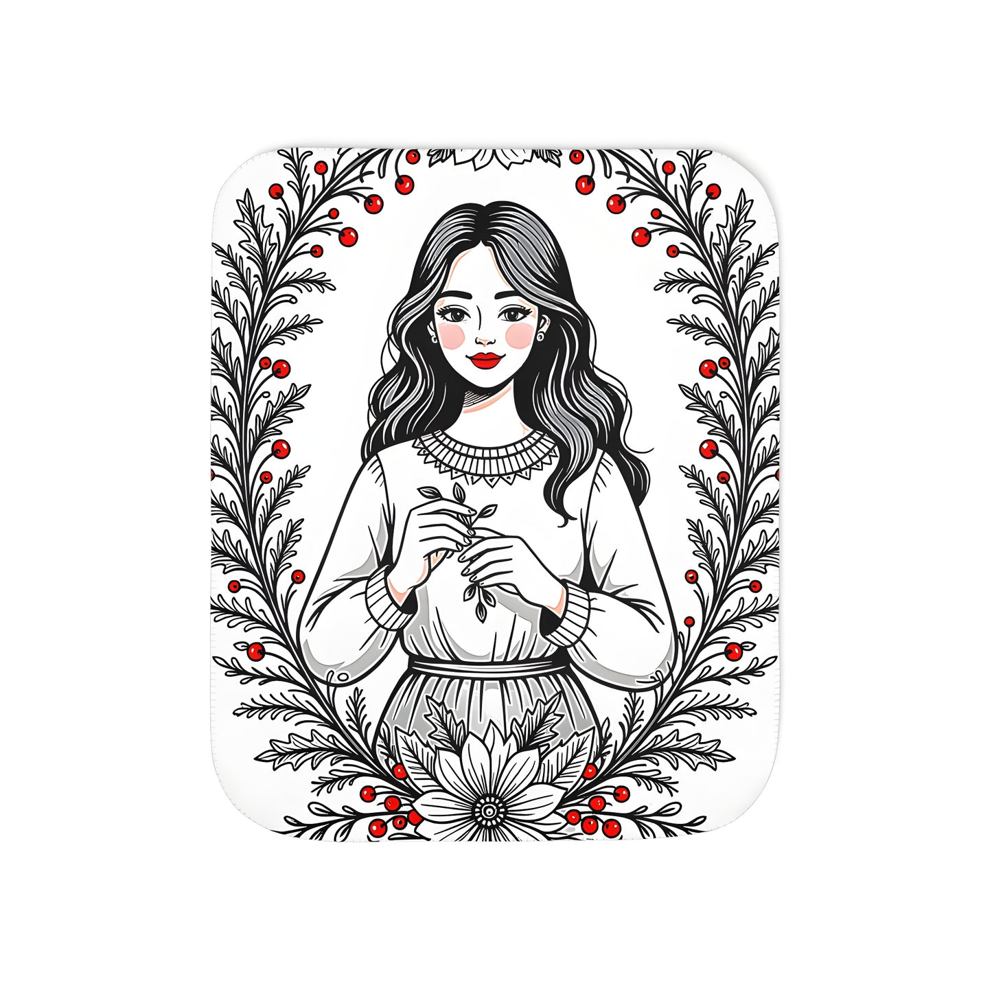 Cozy colorful blanket featuring a fall portrait illustration of a girl holding a branch amidst autumnal floral motifs