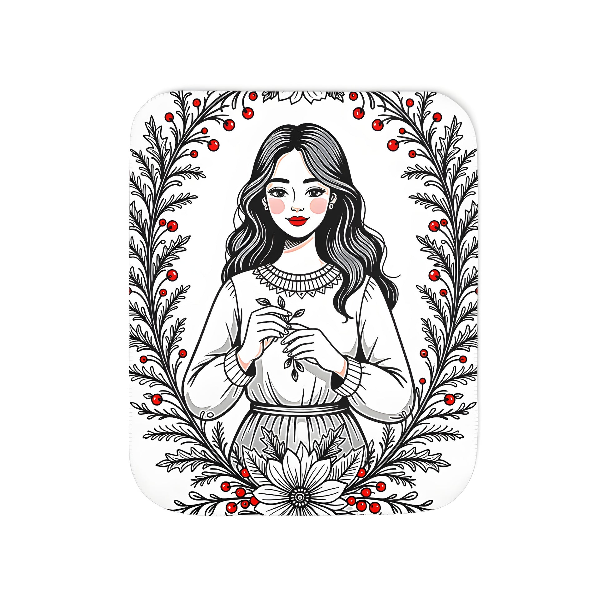 Cozy colorful blanket featuring a fall portrait illustration of a girl holding a branch amidst autumnal floral motifs