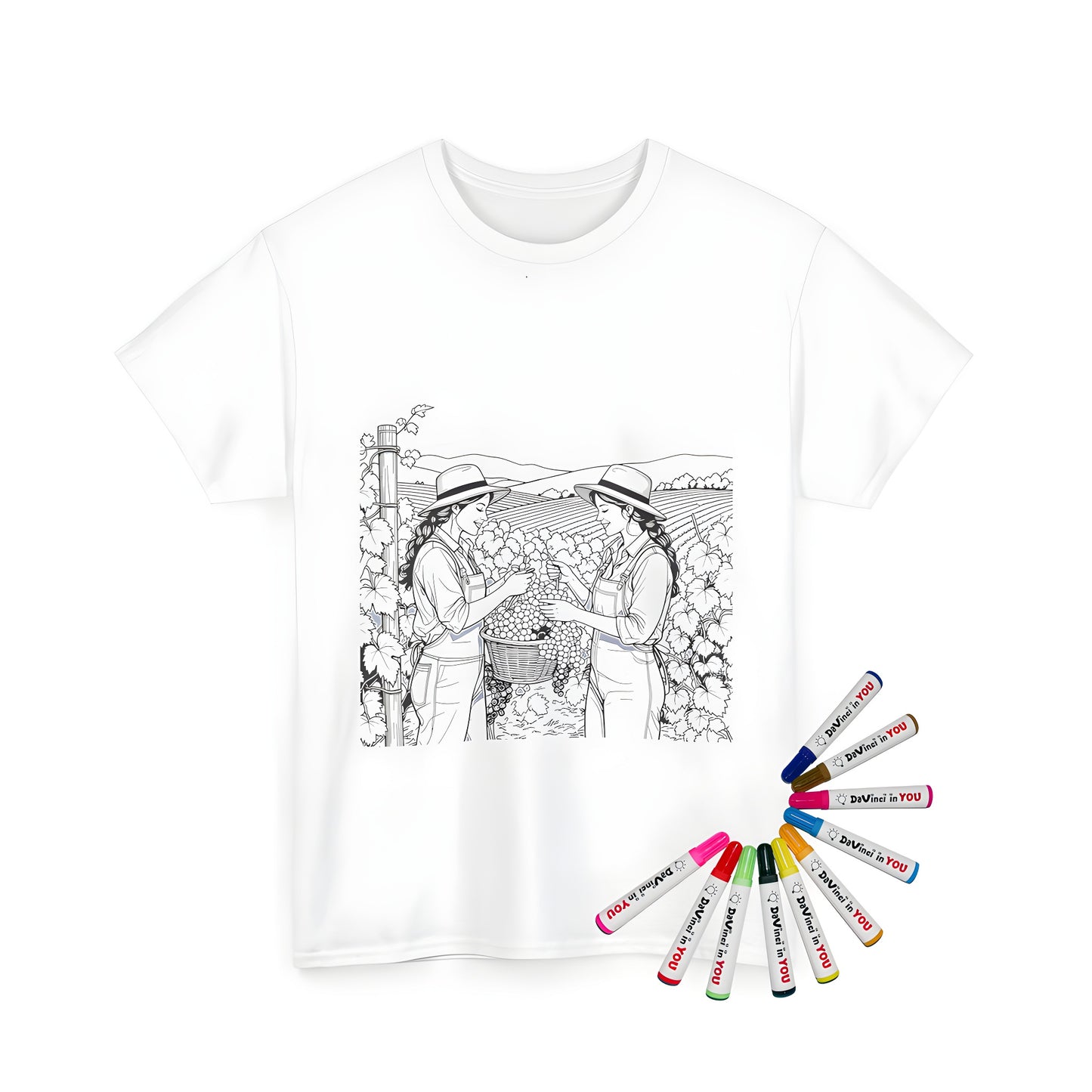 Unisex T-shirt with vibrant Grape Harvest coloring page design, two women harvesting grapes in overalls and hats surrounded by lush vineyard and rolling hills