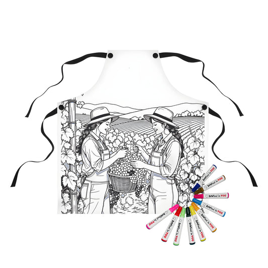 Grape harvest-themed apron for kids and adults - coloring page design of women harvesting grapes in a vineyard