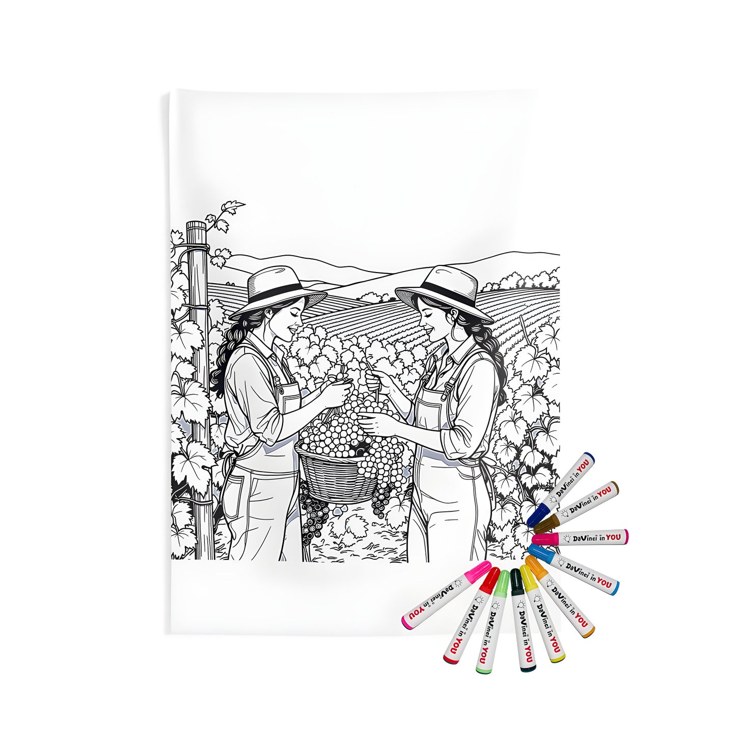 Indoor Wall Tapestry with Grape Harvest design, Two women harvesting grapes in a vineyard