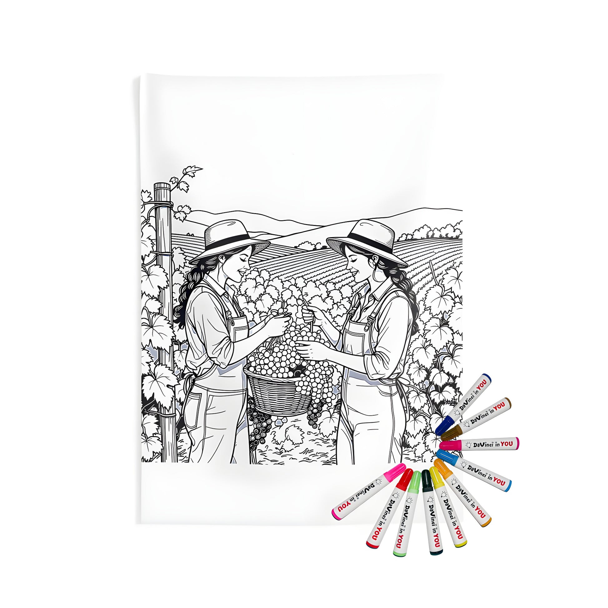 Indoor Wall Tapestry with Grape Harvest design, Two women harvesting grapes in a vineyard