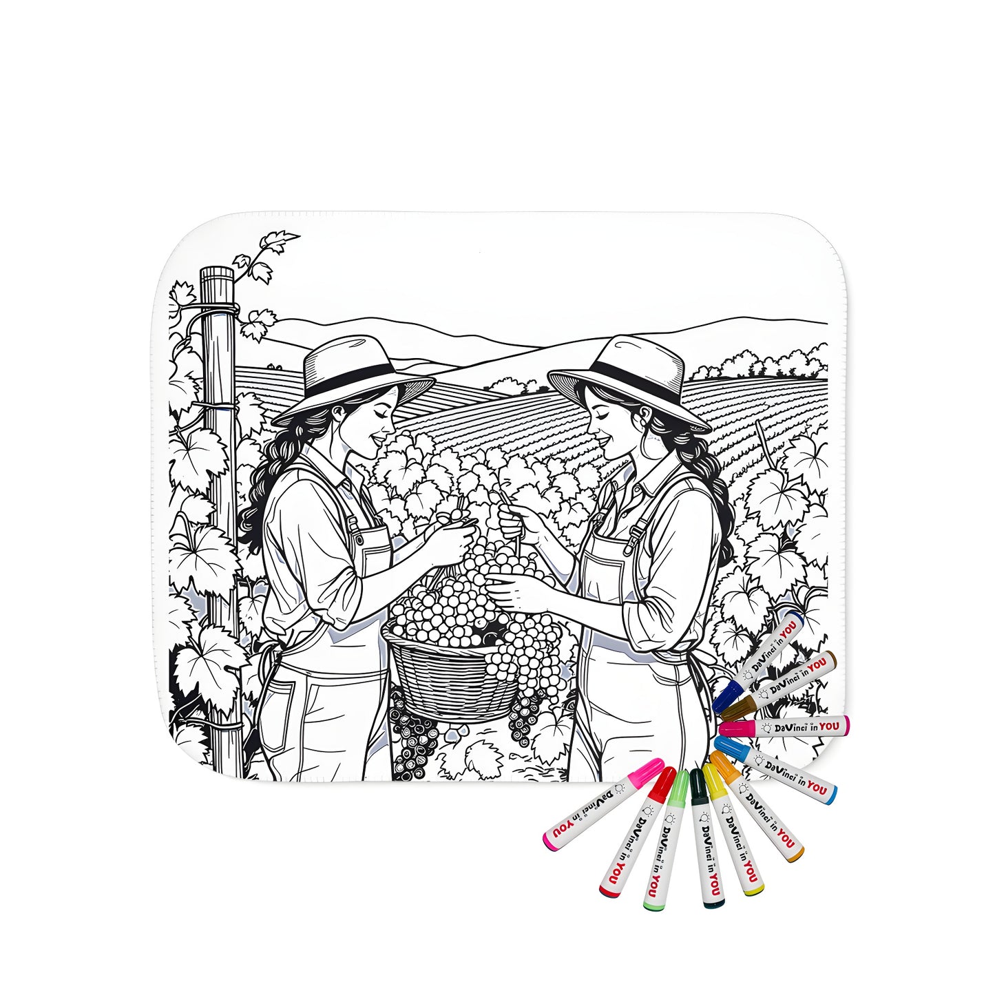 Blanket with Grape Harvest coloring page design, featuring two women harvesting grapes in a vineyard