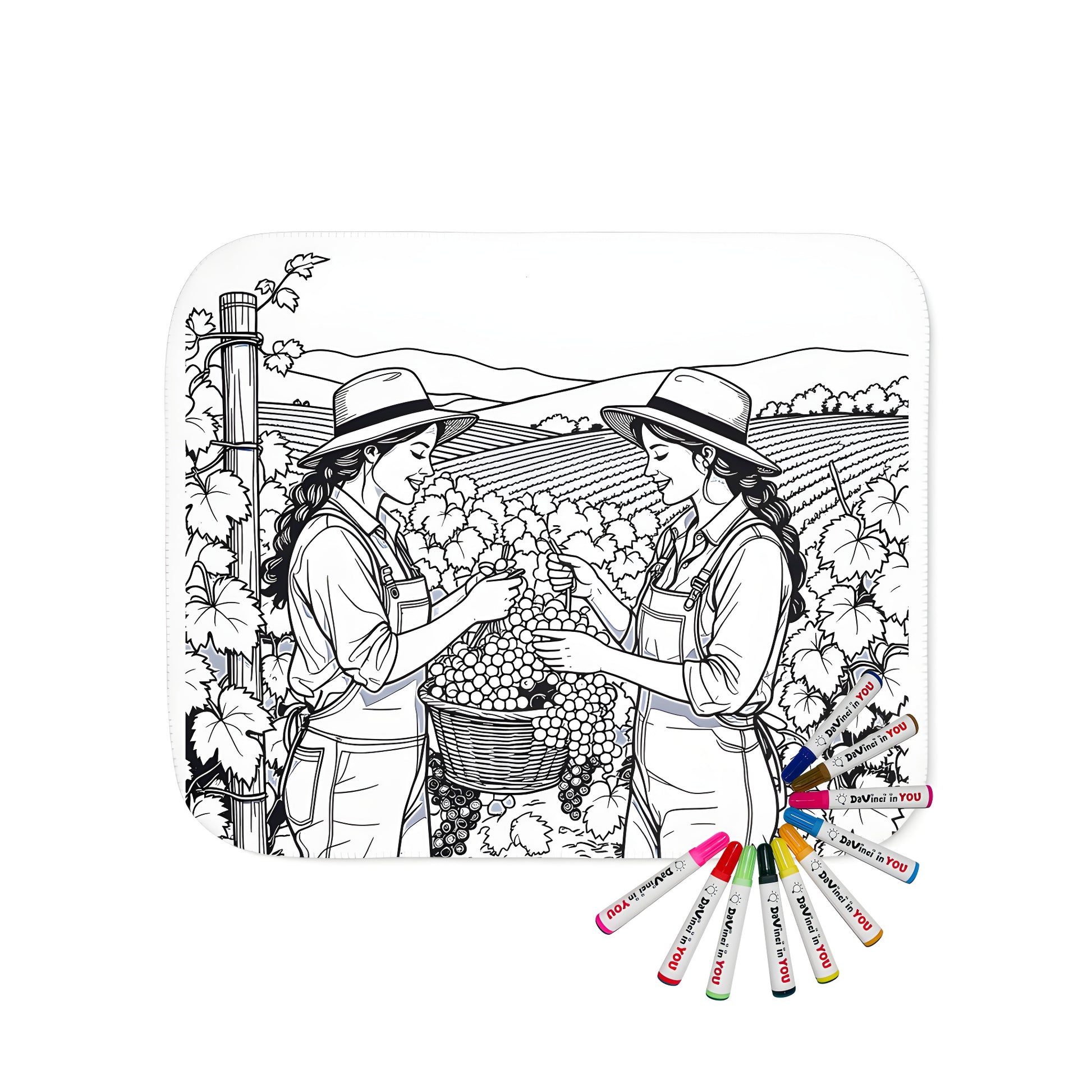 Blanket with Grape Harvest coloring page design, featuring two women harvesting grapes in a vineyard