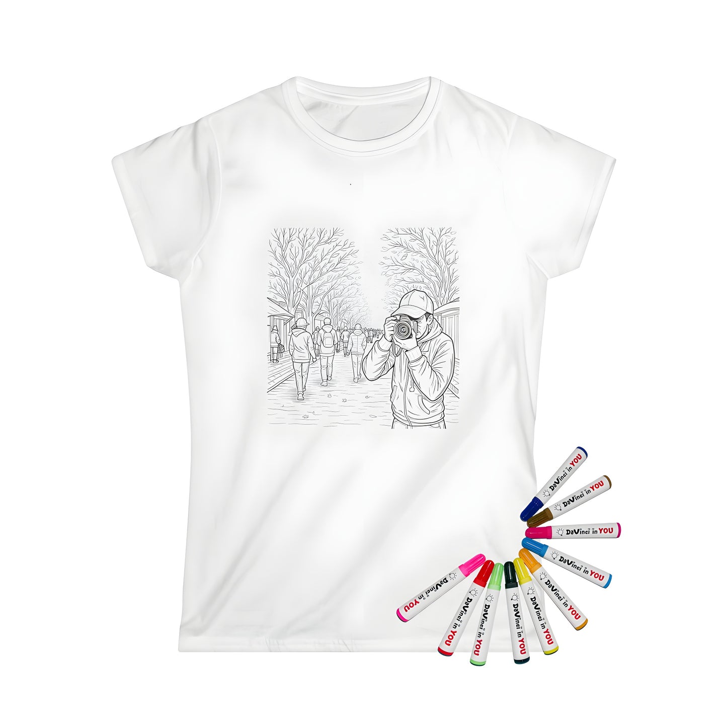 Coloring page inspired Women's T-shirt featuring a black and white illustration of a photographer capturing a moment on a bustling city street lined with trees.
