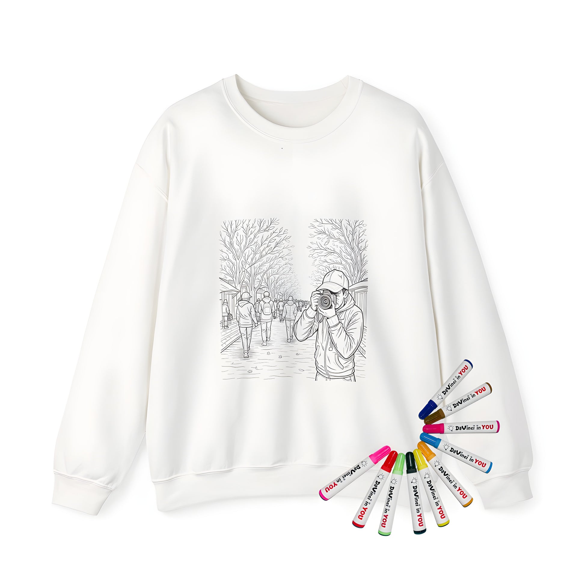 Adult Sweatshirt with Photographer coloring page design and 10 fabric markers