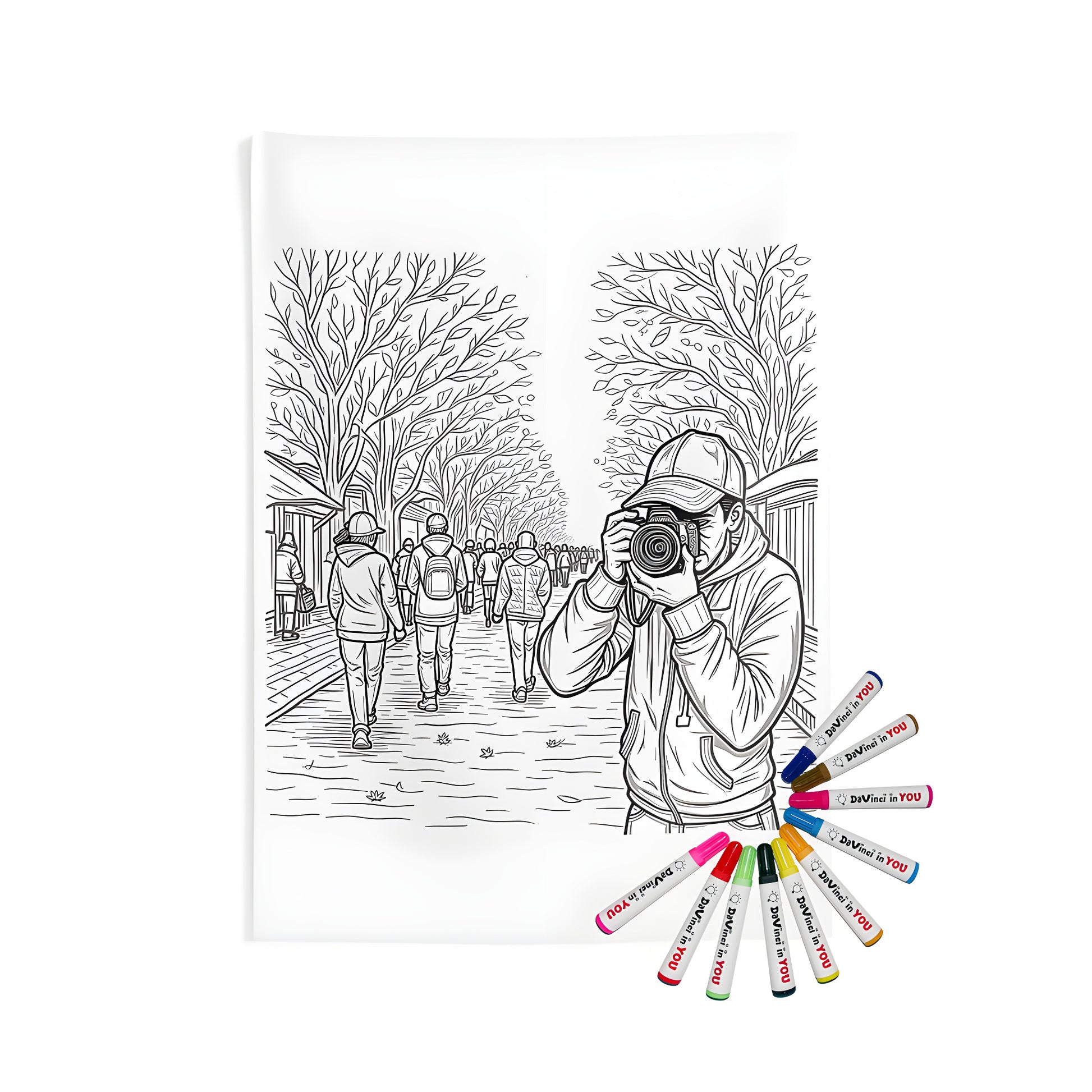 Indoor wall tapestries coloring kit with fabric markers. A beautiful black and white illustration of a photographer taking a picture on a tree-lined city street bustling with people. Perfect for home decor, art projects, or gifts.