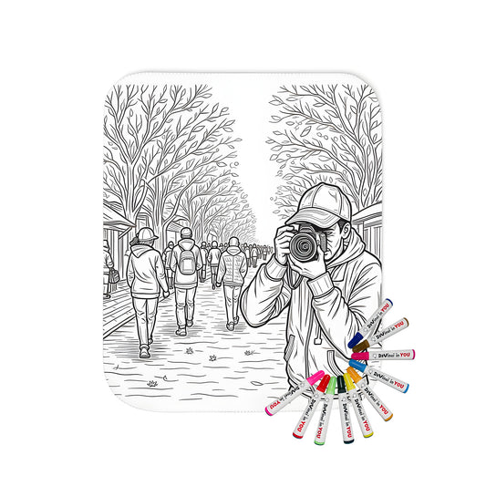 Blanket coloring kit featuring an artist photographing in a vibrant city scene