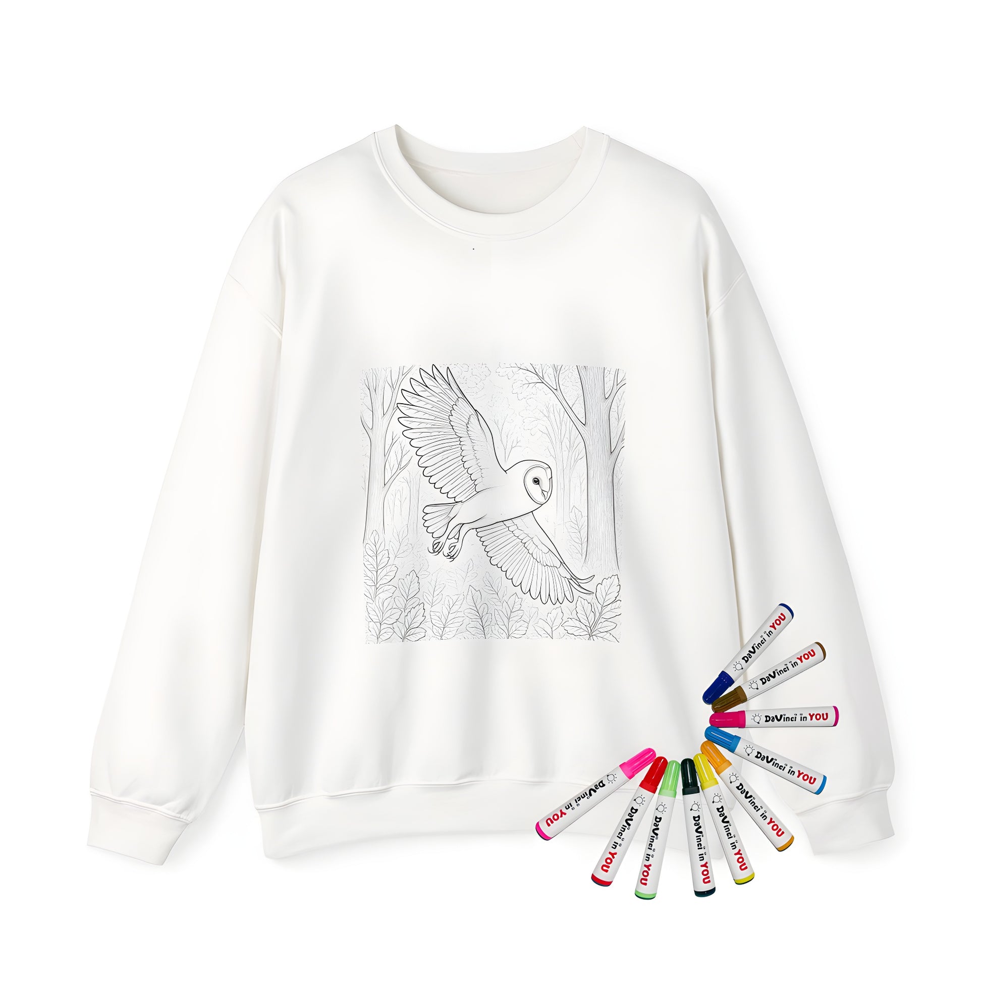 Adult sweatshirt with a majestic barn owl design featuring a bird gliding through a forest, complete with intricate trees and foliage for a natural atmosphere. Ideal for owl enthusiasts or those who love nature-inspired artwork.