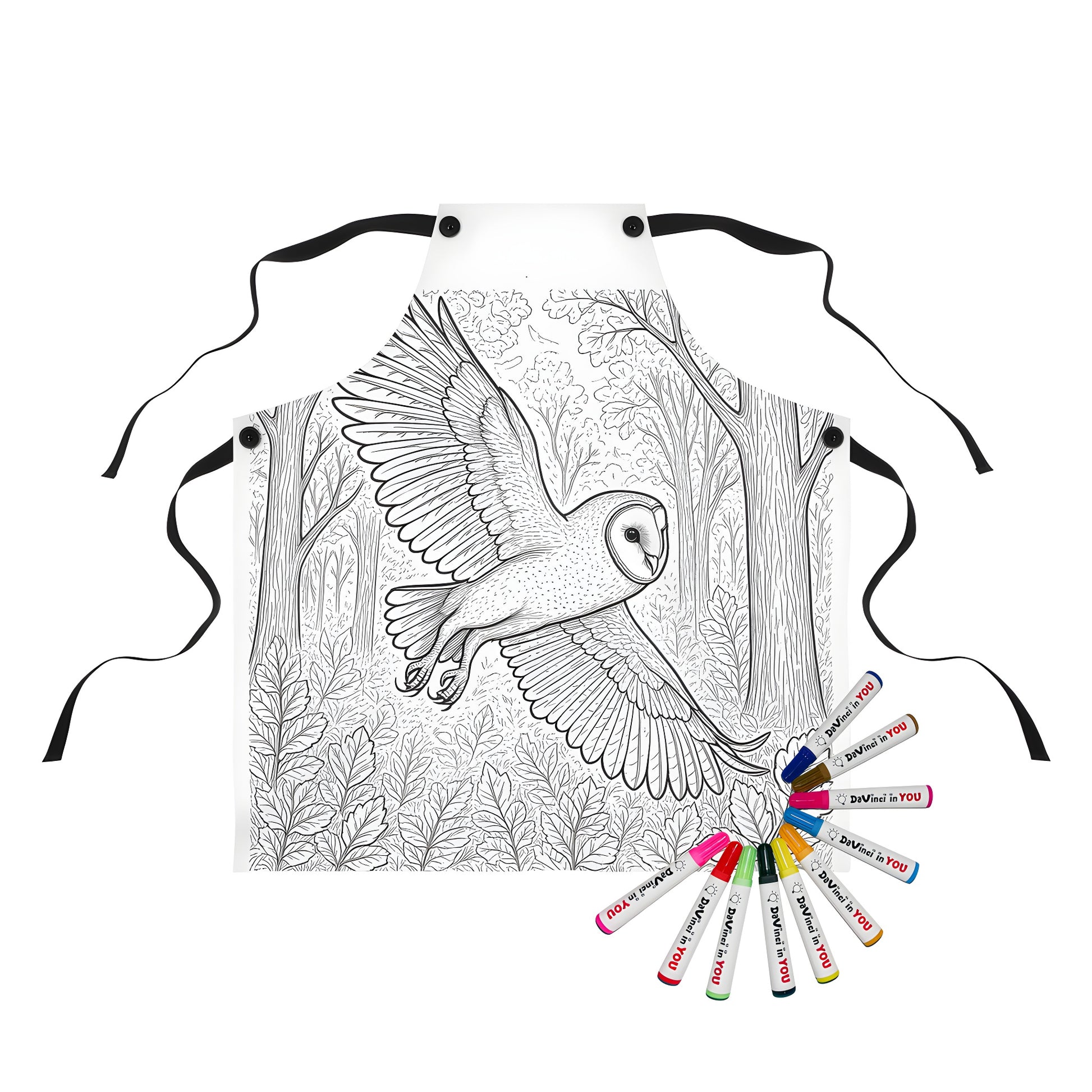 Barn owl apron for adults with a coloring page design of a barn owl gliding through a forest, surrounded by trees and foliage.