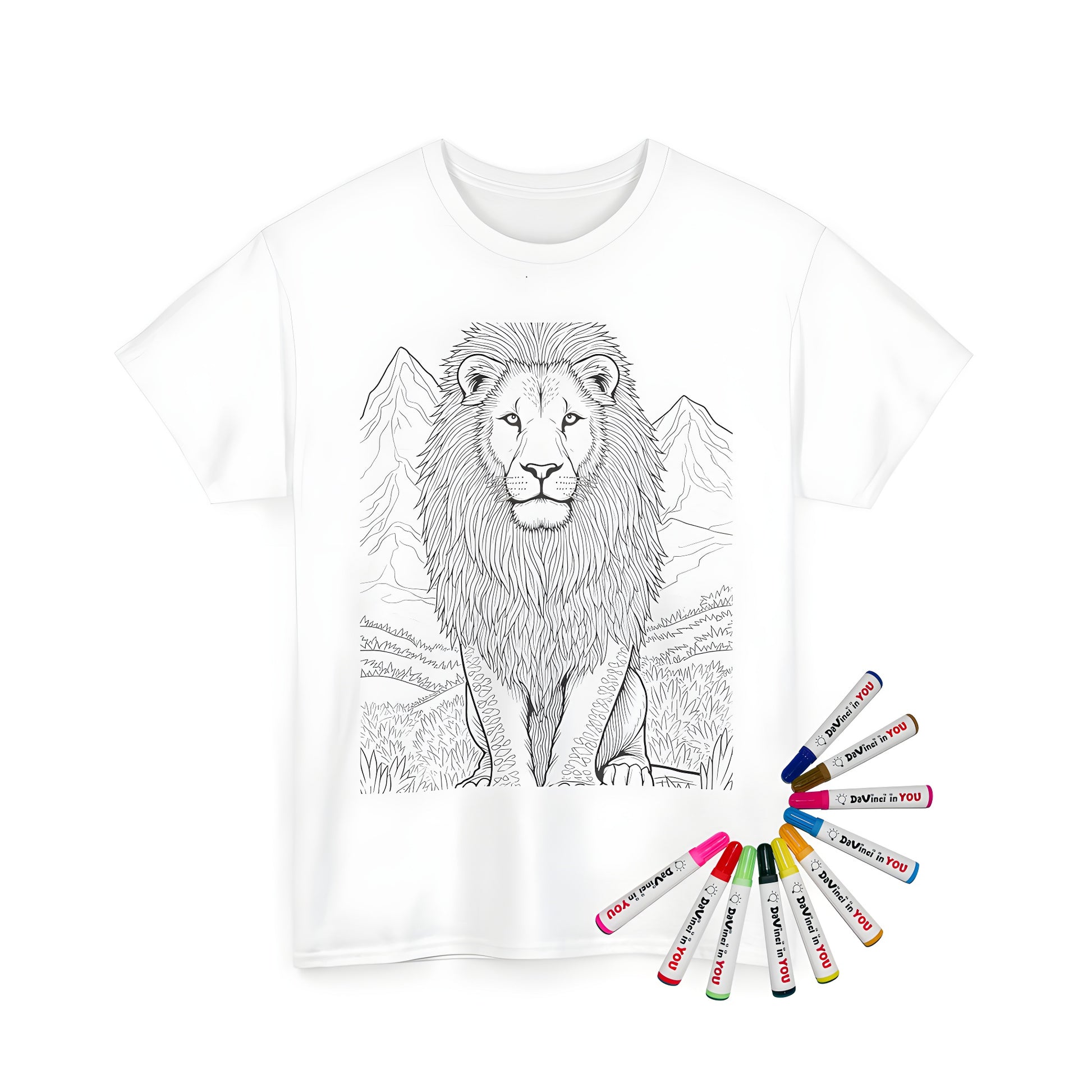 Unisex t-shirt featuring an A line art of a majestic lion sitting on a rock, surrounded by natural scenery with mountains, perfect for outdoor enthusiasts and those who love wildlife. Includes a fun coloring page design and 10 vibrant fabric markers.