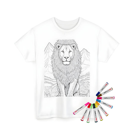 Unisex t-shirt featuring an A line art of a majestic lion sitting on a rock, surrounded by natural scenery with mountains, perfect for outdoor enthusiasts and those who love wildlife. Includes a fun coloring page design and 10 vibrant fabric markers.