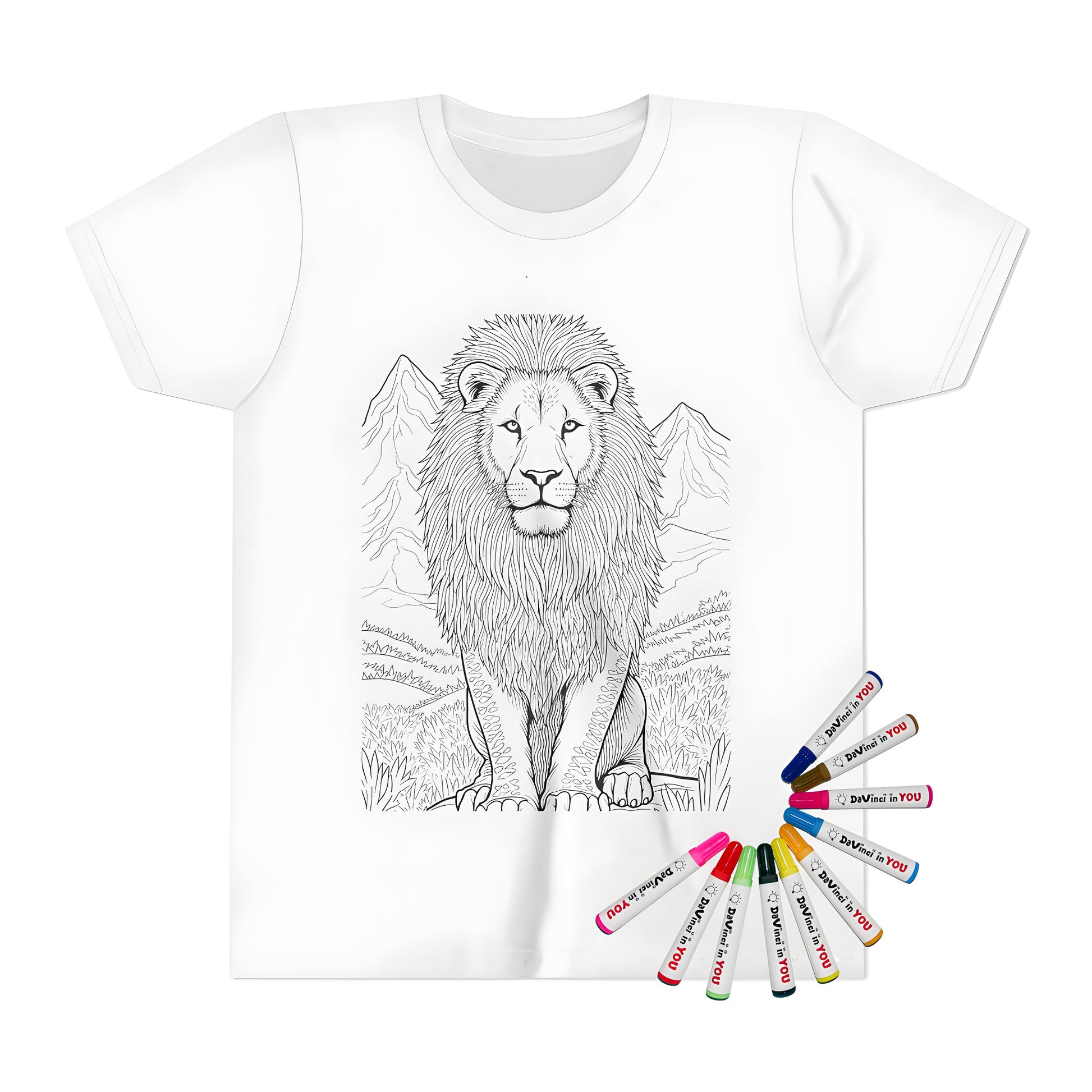 A colorful kid's t-shirt featuring an A-line art lion sitting on a rock, surrounded by mountains and natural scenery.