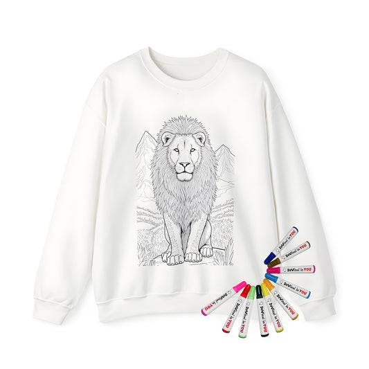 Adult coloring page sweatshirt featuring a majestic lion on a rock amidst natural scenery and mountains