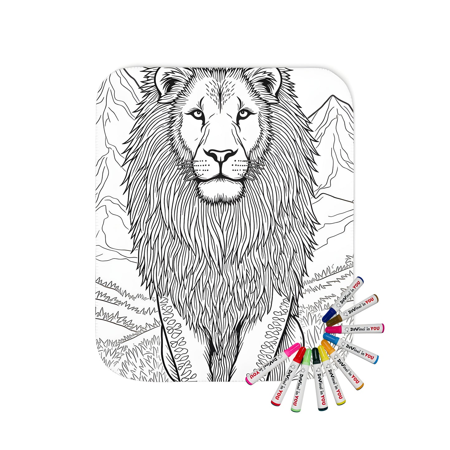 Blanket coloring kit for adults and kids featuring majestic lion artwork