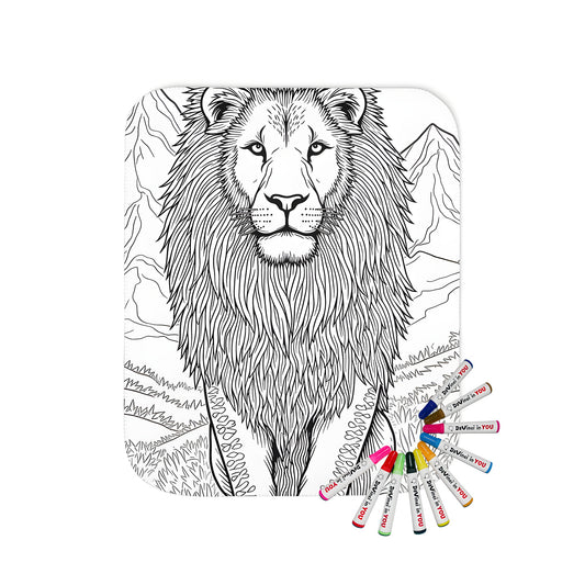 Blanket coloring kit for adults and kids featuring majestic lion artwork