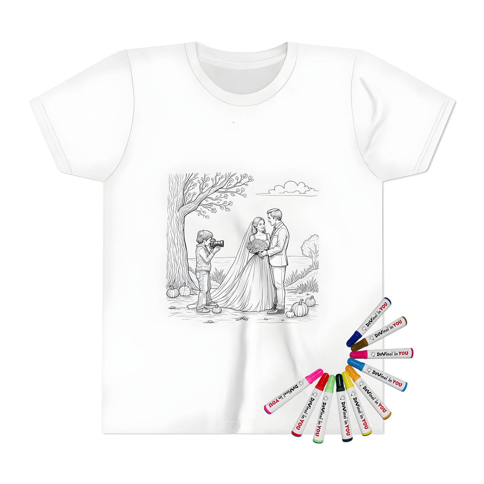 Kid's t-shirt coloring kit with outdoor wedding design featuring a young boy photographing a bride and groom in an autumn setting surrounded by pumpkins and trees.