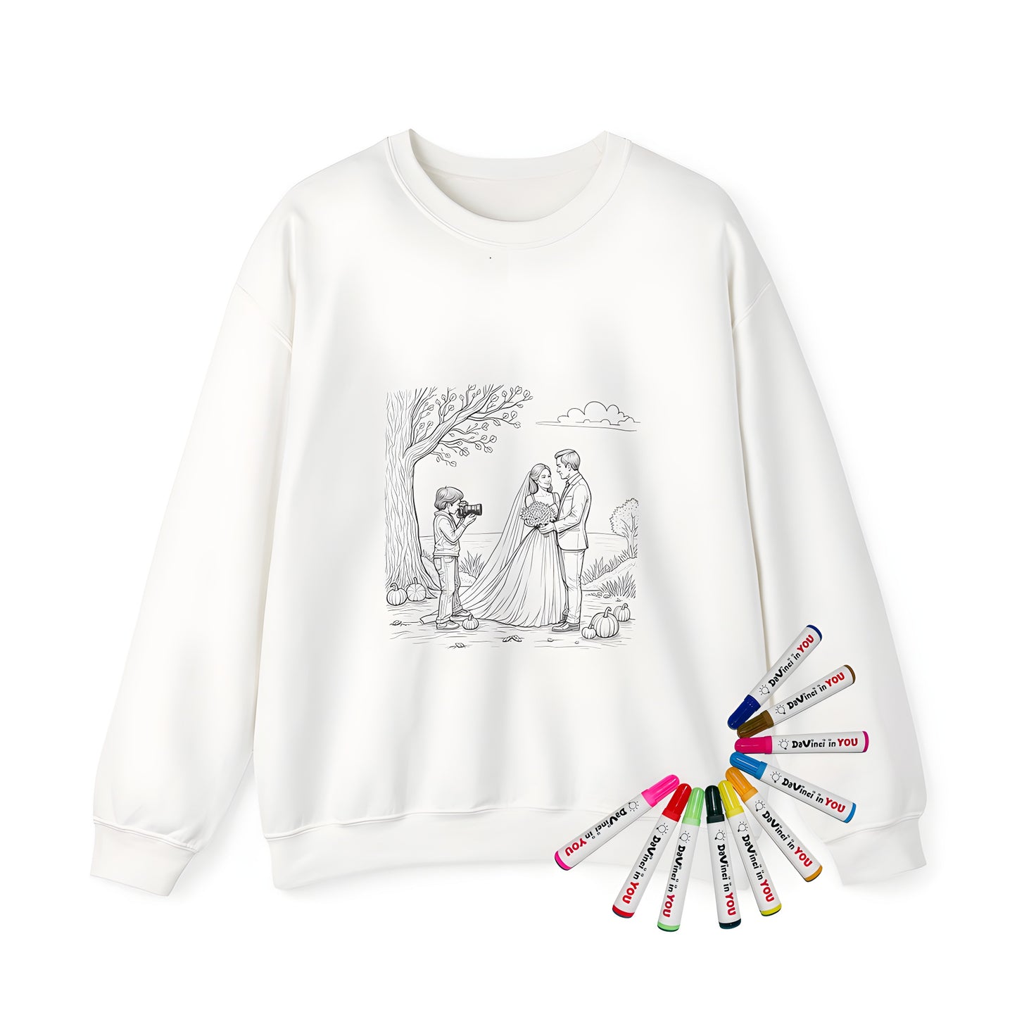 Adult sweatshirt featuring a romantic outdoor fall wedding scene, perfect for gifting or personal use