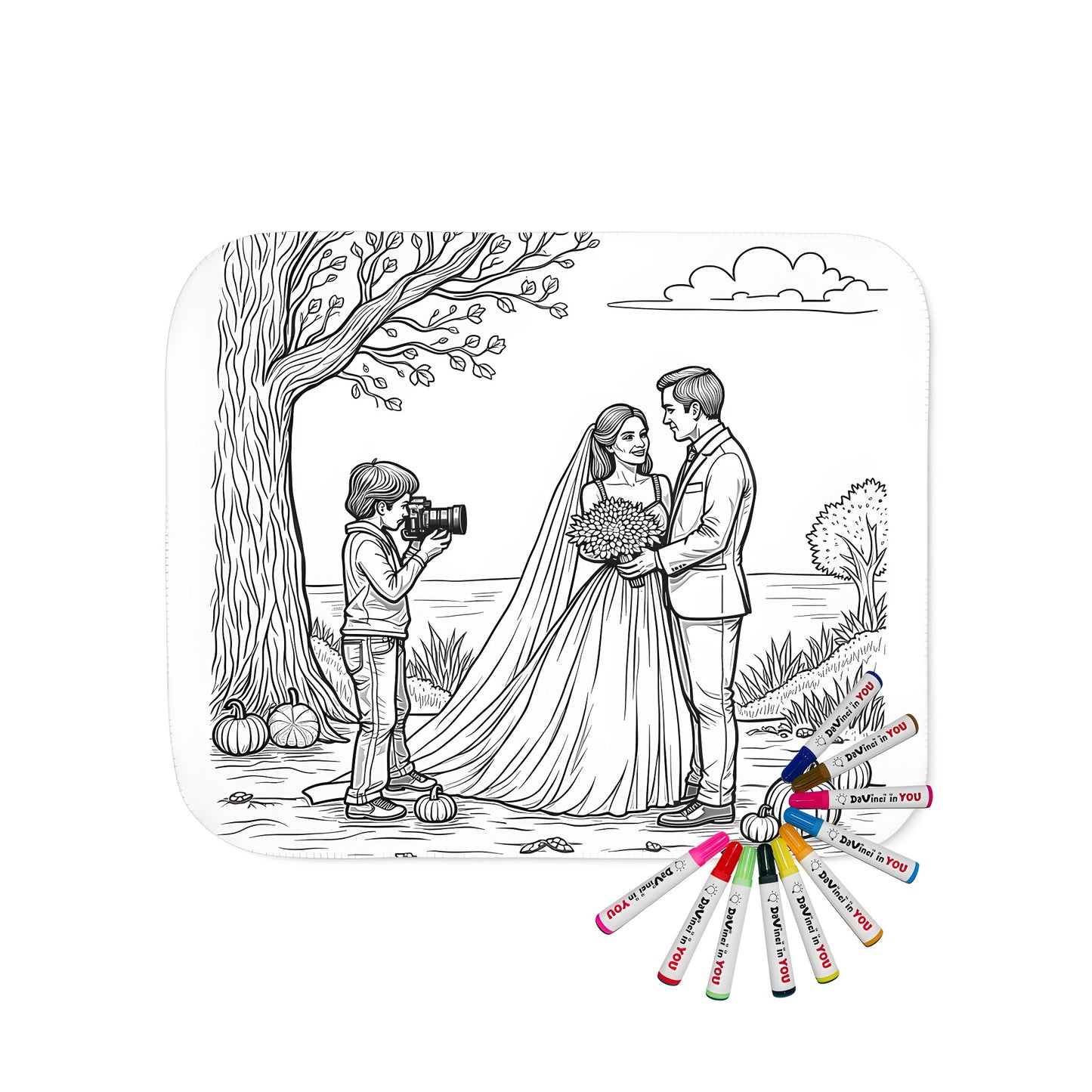 Blanket with a beautiful outdoor wedding scene, including fall foliage, pumpkins and trees