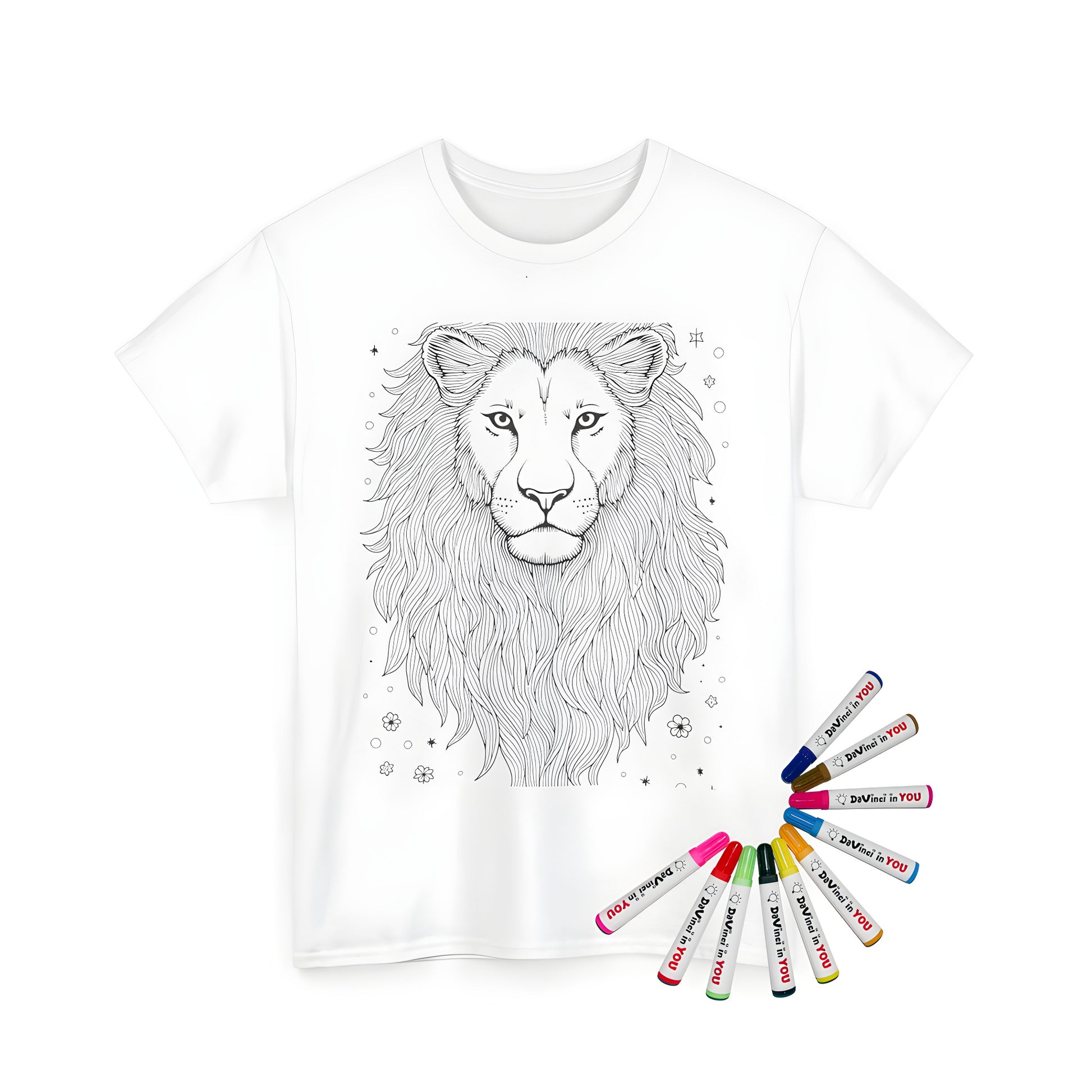 Unisex t-shirt with colorful lion's head design and stars and flowers