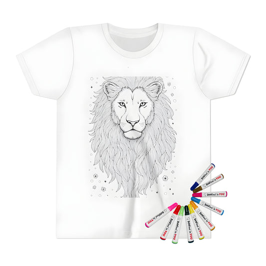 Kid's t-shirt with a colorful lion face design and stars flowers
