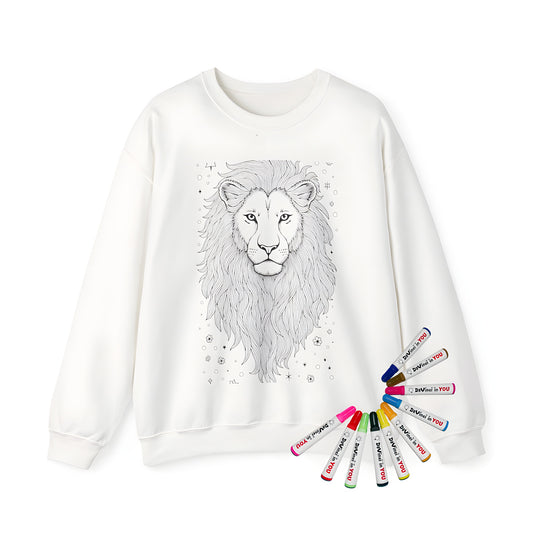 Adult sweatshirt featuring a colorful lion head design with stars and flowers